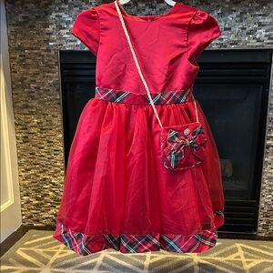 Elegant Red Kids Formal Dress with Plaid Accents